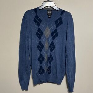 Jos A Bank Men's Merino Wool Sweater L Blue Gray Argyle V-Neck Pullover Distress